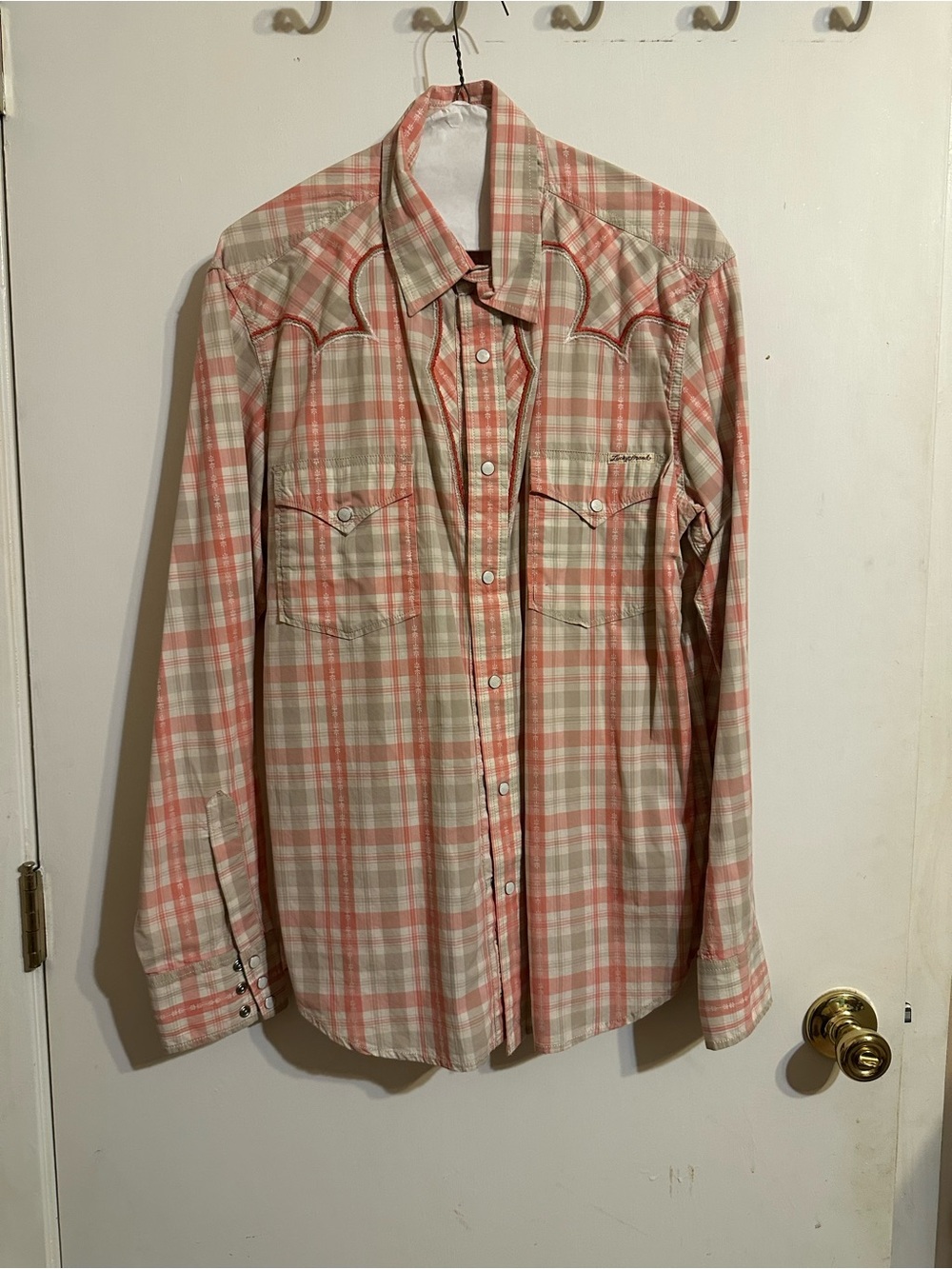 Lucky Brand Coral and Cream Plaid Western Button-Up Shirt